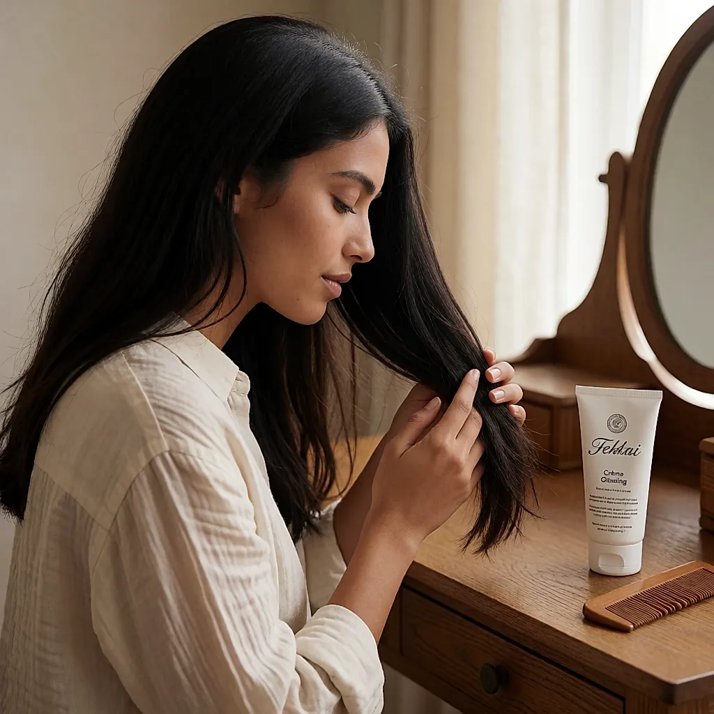 Una mujer aplica la crema Glossing de Fekkai en medios y puntas con un peine