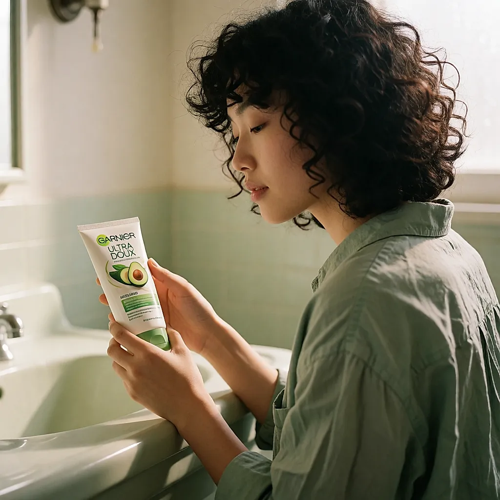 Mujer de rasgos asiáticos con rizos aplica la crema de aguacate y karité de Garnier