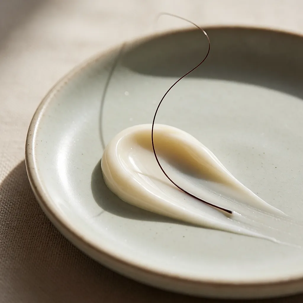 Textura de crema capilar sin aclarado sobre un plato de cerámica