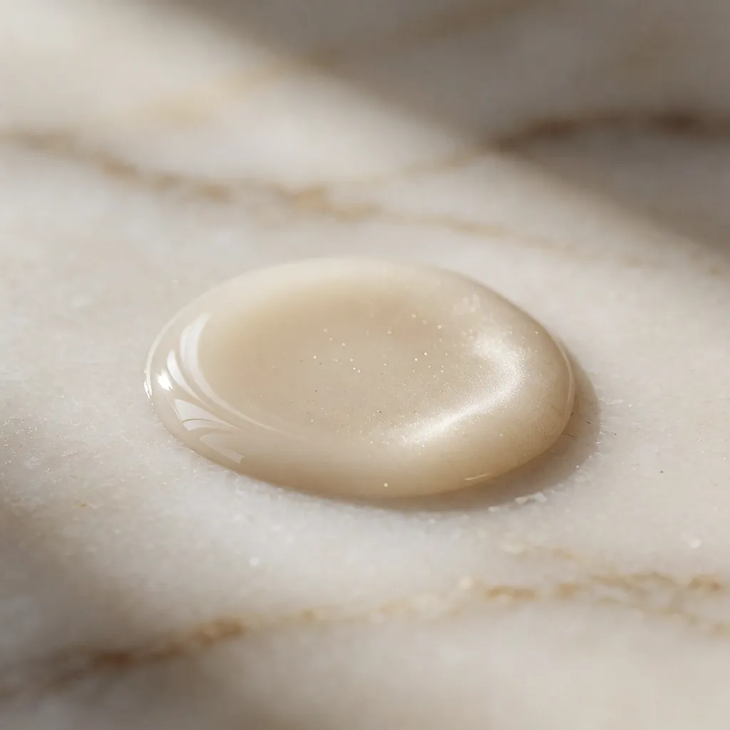 Textura sedosa del sérum capilar sobre una superficie de mármol