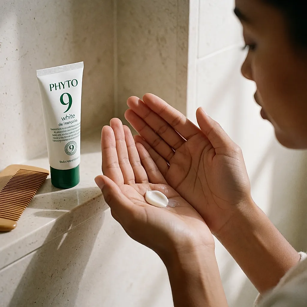 Mãos a aquecer uma porção de creme Phyto 9 antes de aplicar no cabelo