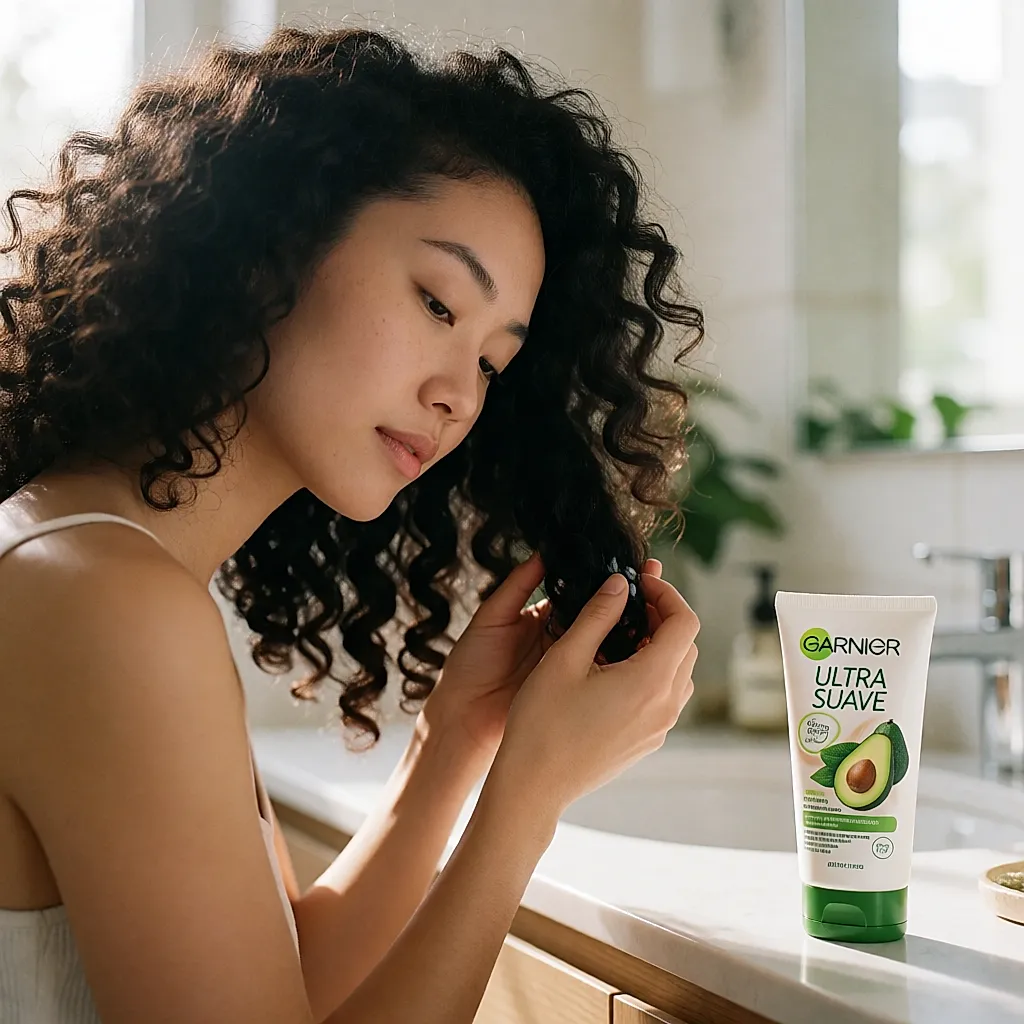 Mulher de caracóis amassa o creme Garnier Ultra Suave no comprimento e nas pontas