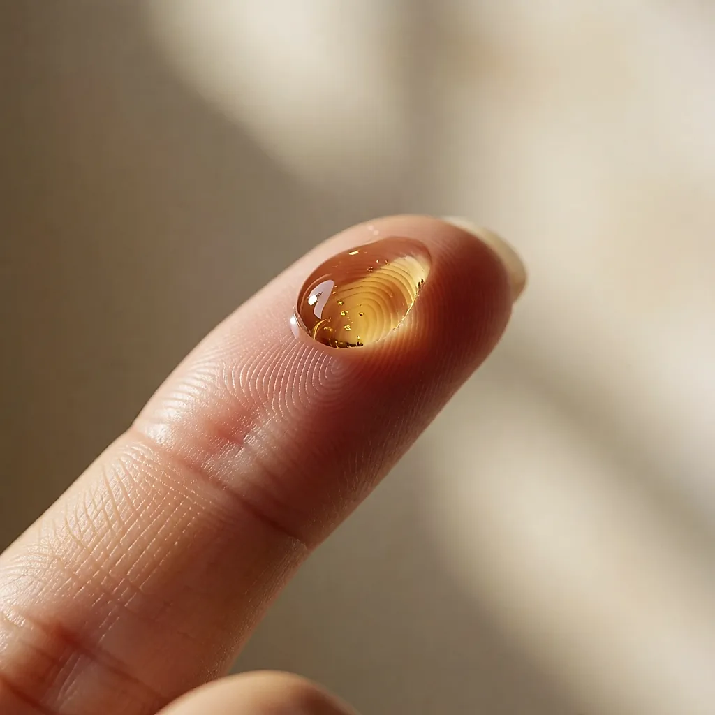 Une goutte de sérum doré perle au bout d'un doigt, texture épaisse et brillante