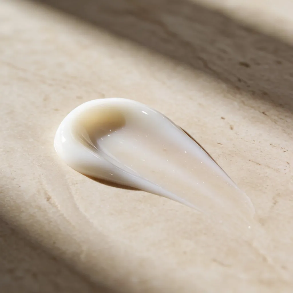 Texture de gel-crème légère étalée sur une surface beige, en lumière naturelle