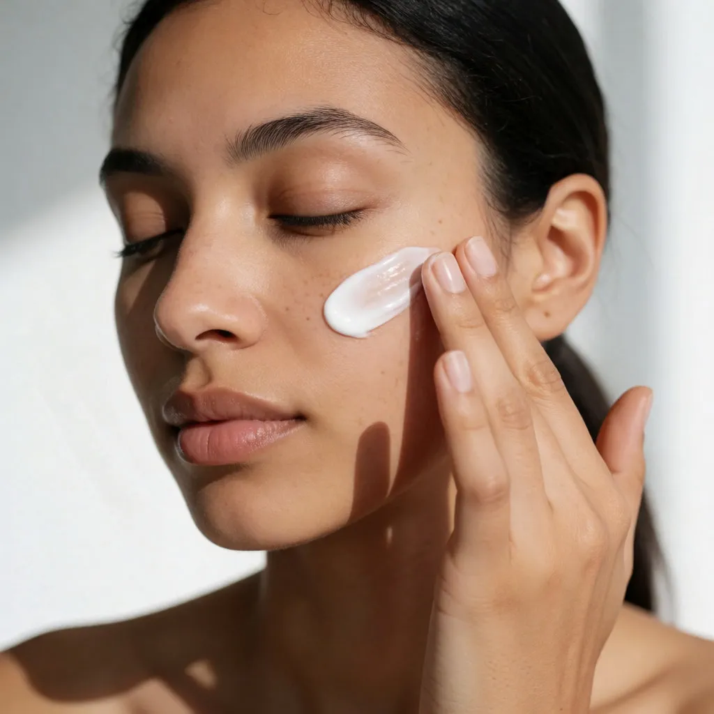 Jeune femme métissée appliquant une crème légère sur sa joue, en lumière naturelle