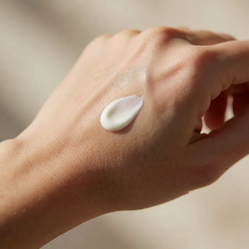 Une noisette de crème de jour sur le dos d'une main, prête à être appliquée