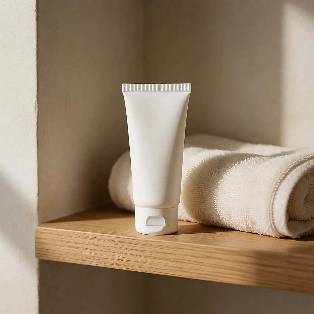Un tube de crème de jour sur une étagère en bois clair, avec une serviette pliée