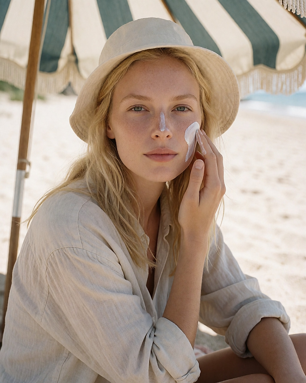 Very fair skin with freckles, applying protection in the shade of a parasol