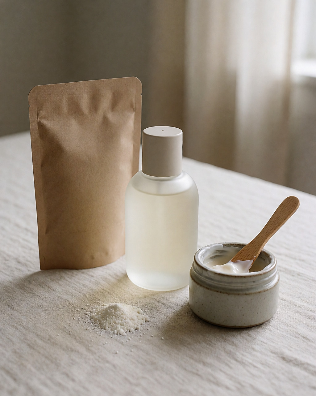 Refillable glass bottle, cardboard refill and white mineral paste on linen