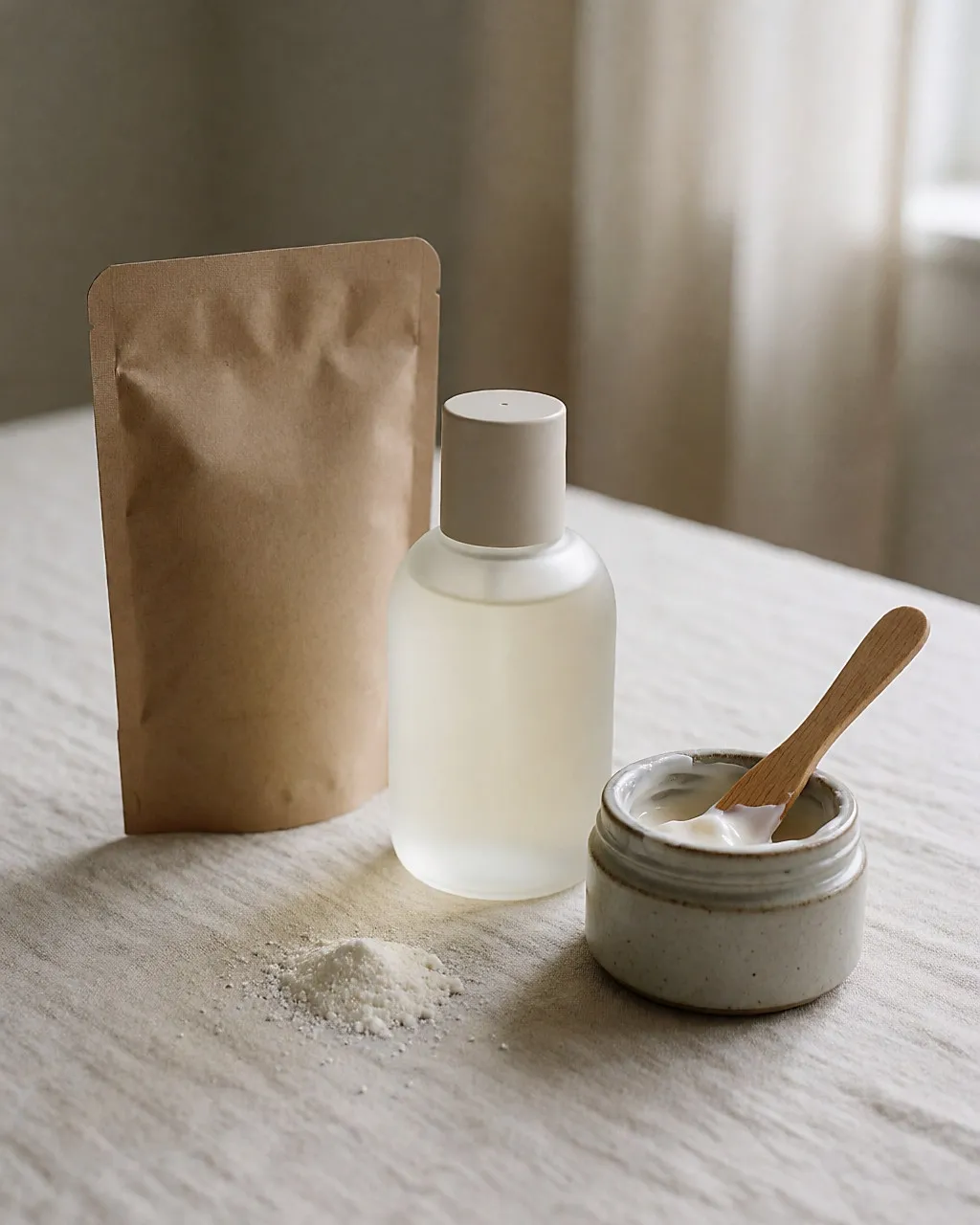 Nachfüllbare Glasflasche, Nachfüllpackung aus Karton und weiße Mineralpaste auf Leinen