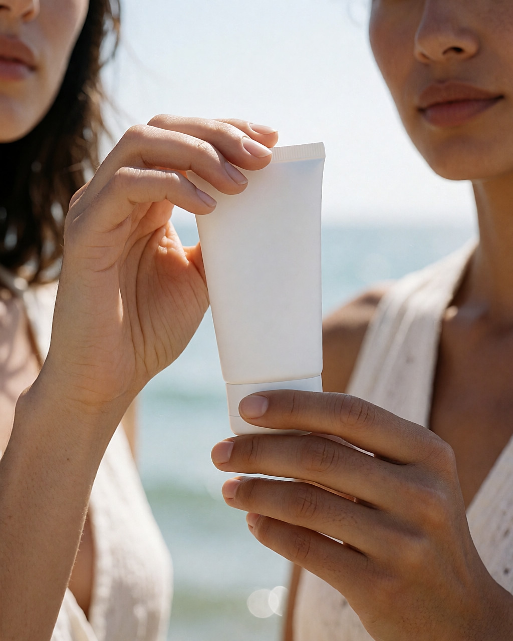 Hands holding an unbranded tube of sun cream, close-up of the format and material