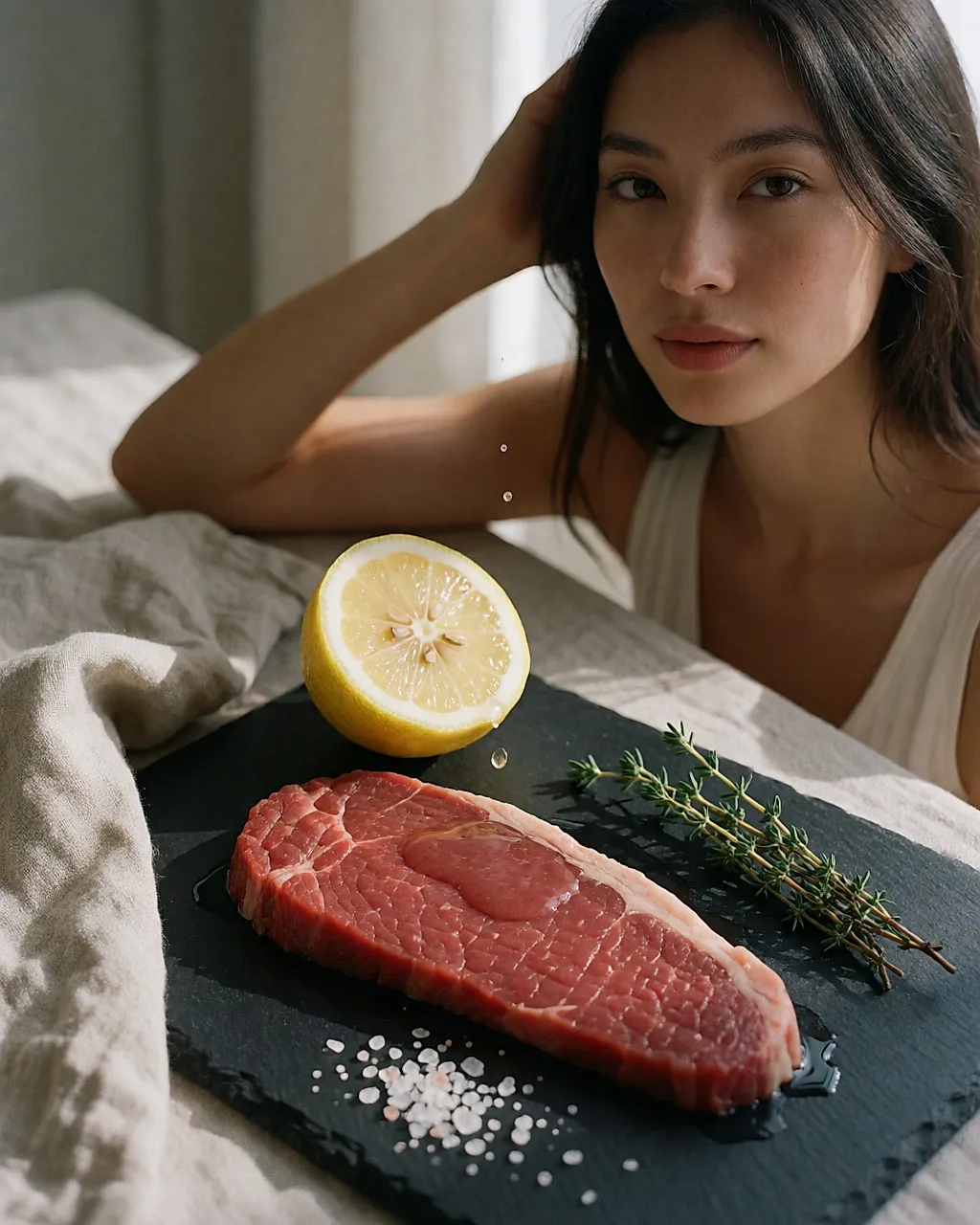 Slice of raw beef on a dark slate, half a squeezed lemon and droplets suspended above