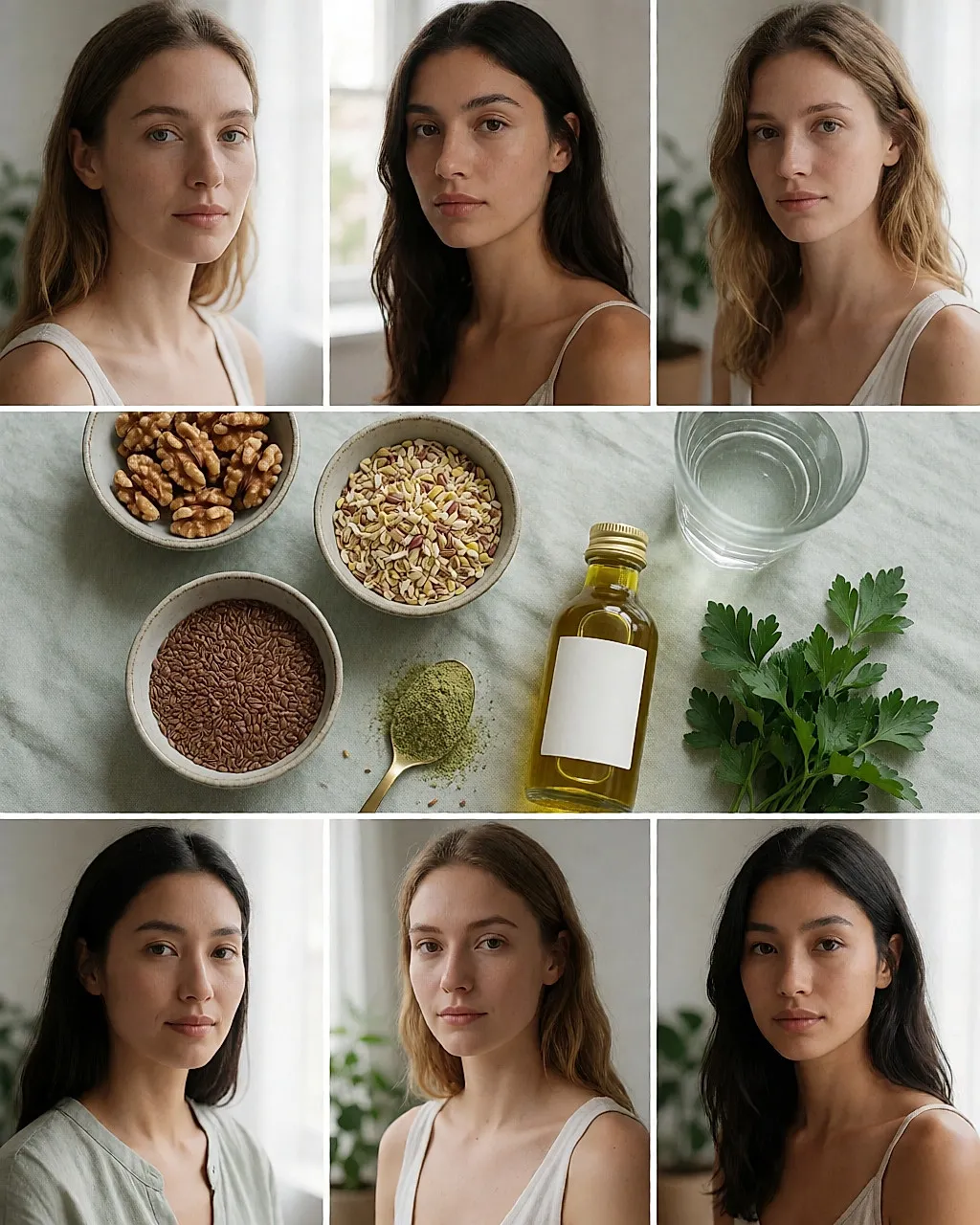 Bowls of sprouted seeds, nuts, flaxseed and rapeseed oil on light linen, varied composition