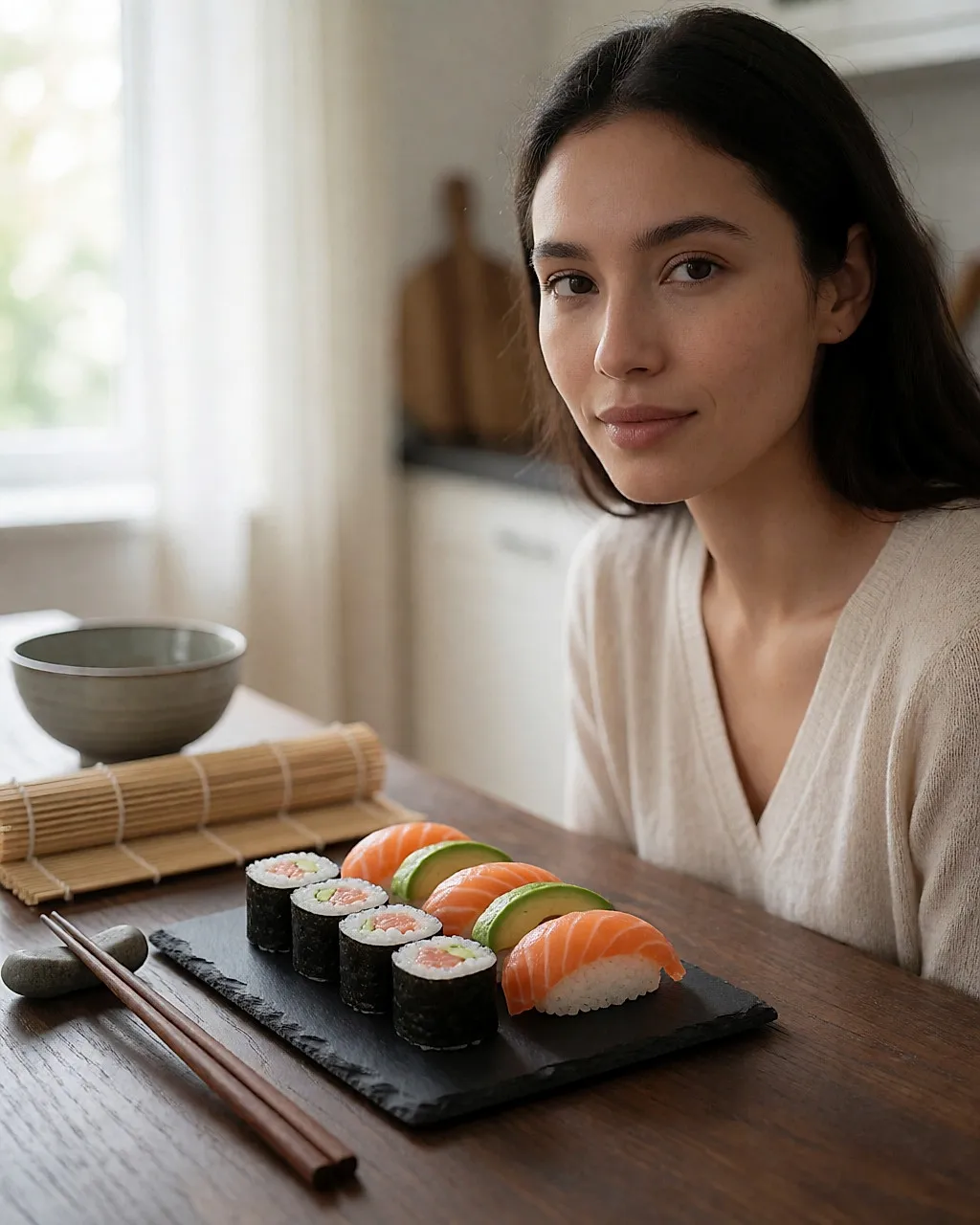 A selection of maki and nigiri with raw salmon and avocado on a small slate