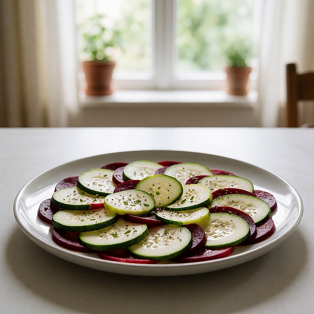 Raw courgette and beetroot carpaccio in thin rounds, olive oil and fresh basil