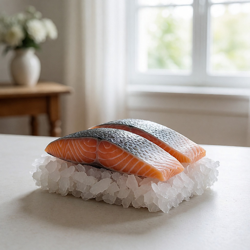 Raw salmon and cod fillets on crushed ice, cold fishmonger atmosphere