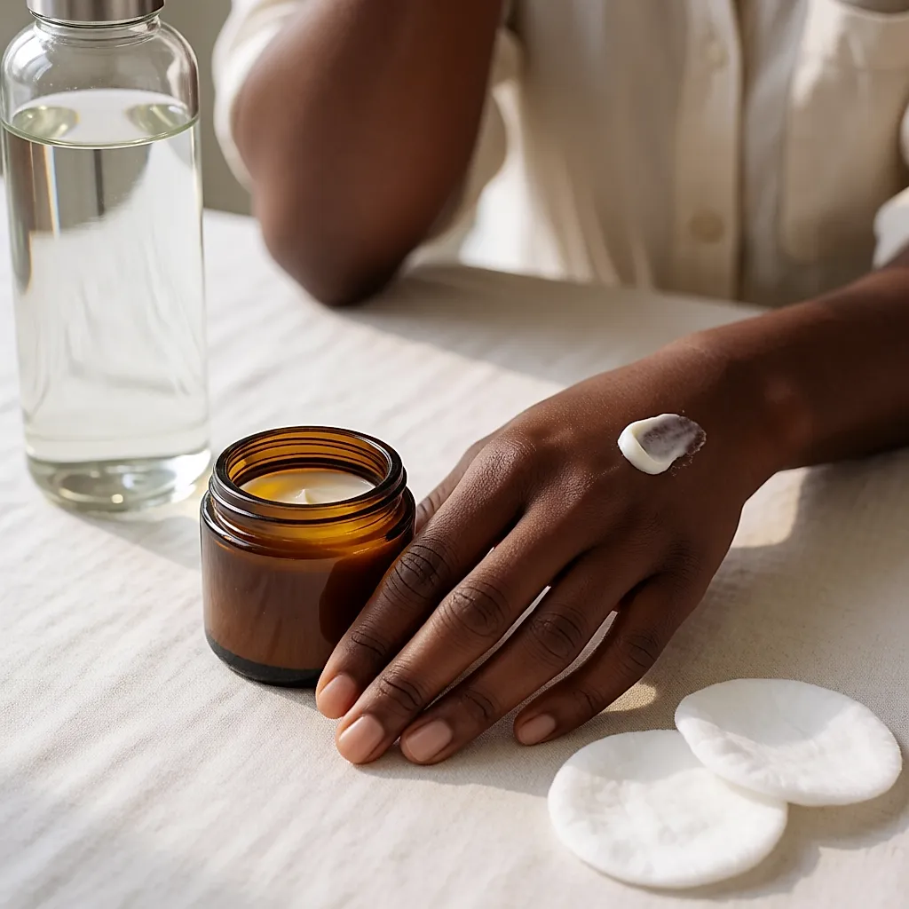 Mão com pele escura e um pouco de creme calmante ao lado de um frasco âmbar