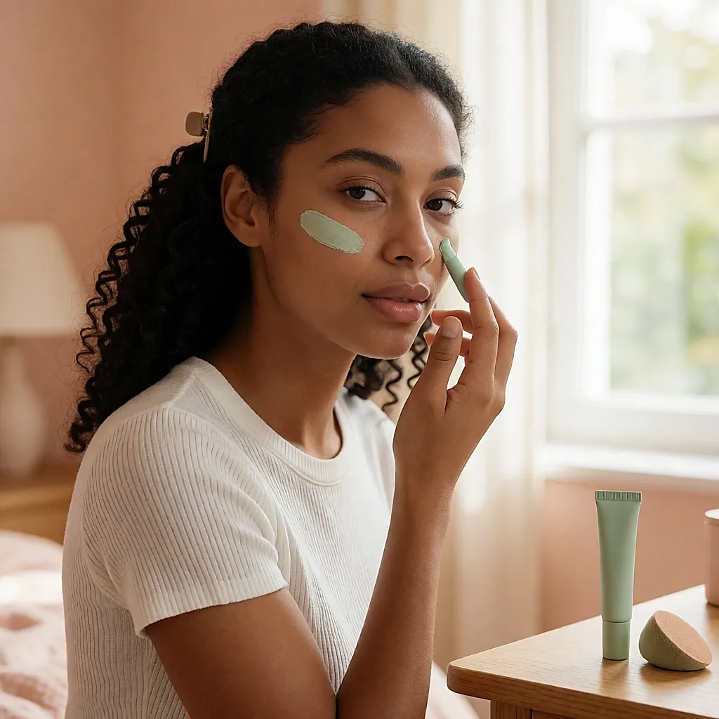 Mujer aplicando corrector verde con la yema del dedo sobre una rojez