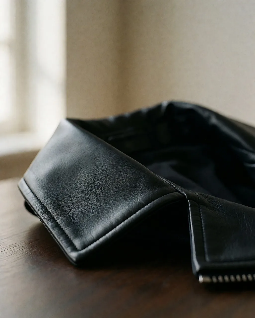Detail of tonal brushed-steel studs set into a smooth black leather collar