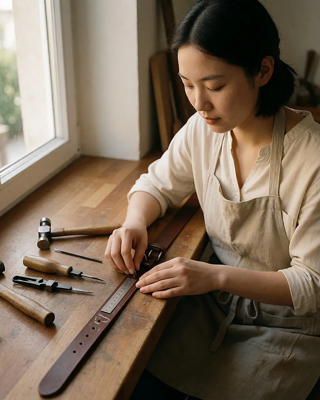 A woman at her workbench setting rivet studs on a charity-shop leather belt