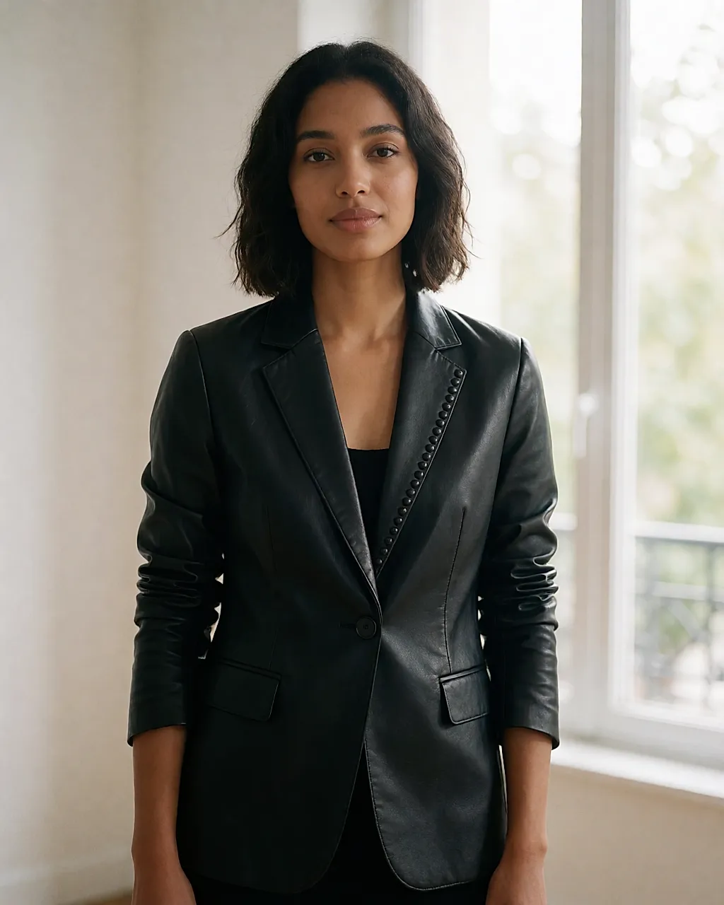 A black leather blazer with discreet studs on the lapel