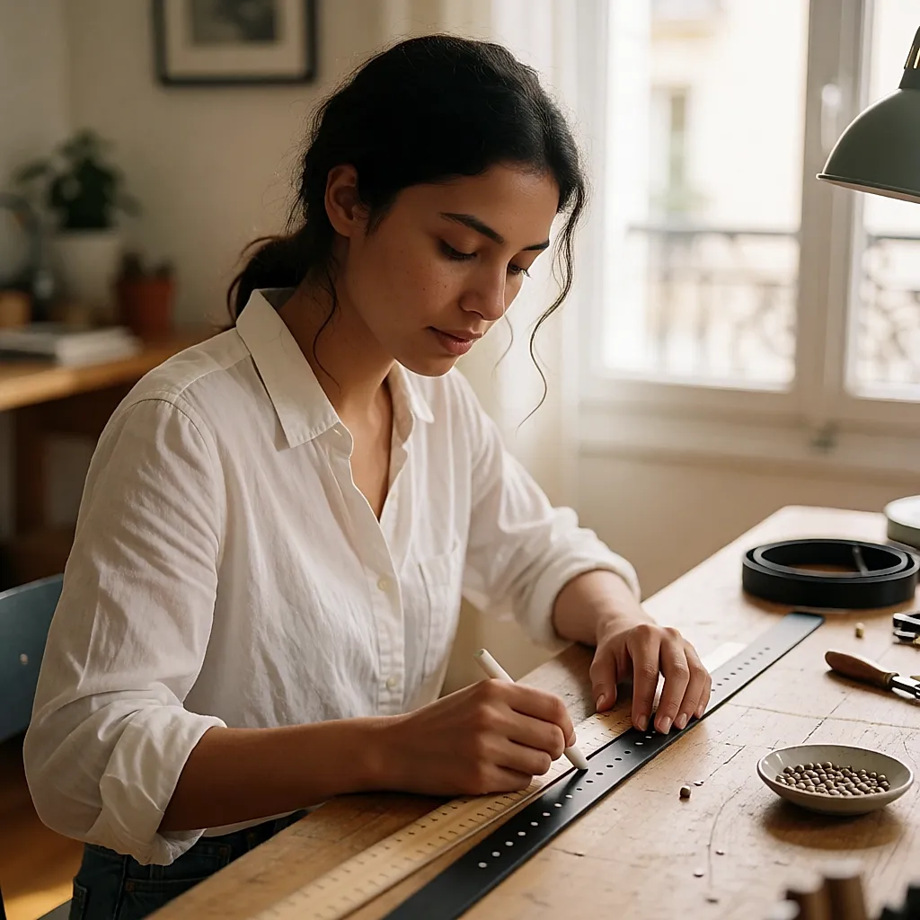 A woman chalk-marking evenly spaced points on a black leather belt at her workbench