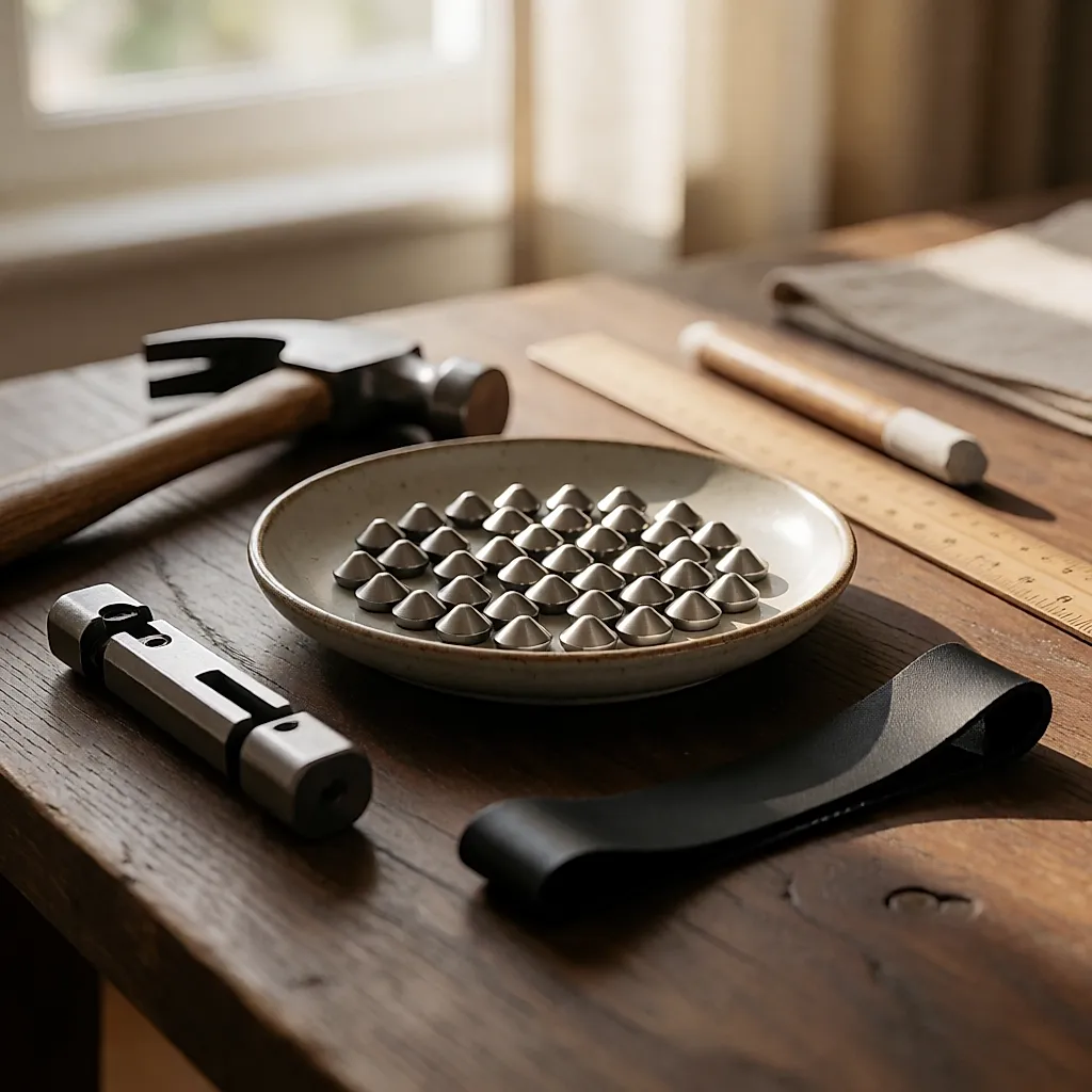 On a wooden workbench, a hammer, a setting tool, rivet studs and an offcut of black leather already studded