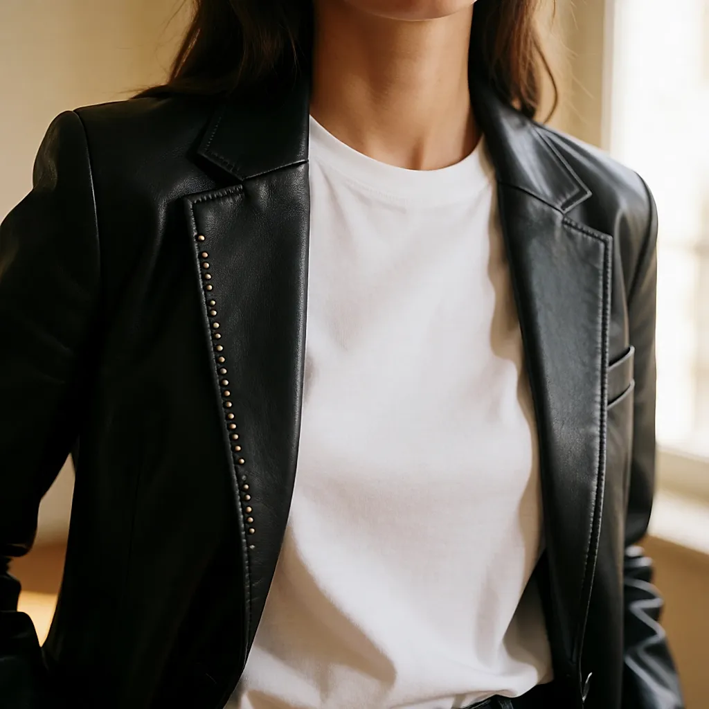 A black leather blazer with small tonal studs on the lapel, worn over a white T-shirt