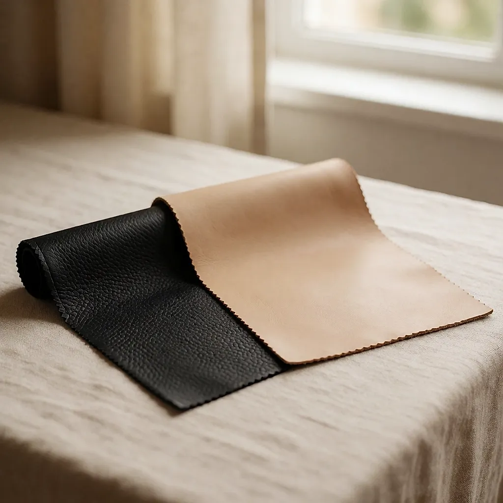 Two leather samples, one grained black and the other smooth beige, placed side by side on raw linen
