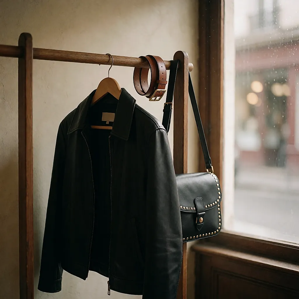 Wooden charity-shop rail holding a second-hand leather jacket, belt and bag