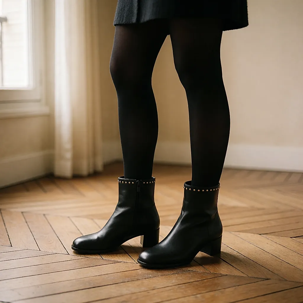 Finely studded black leather ankle boots worn with opaque tights, standing on an old wooden floor