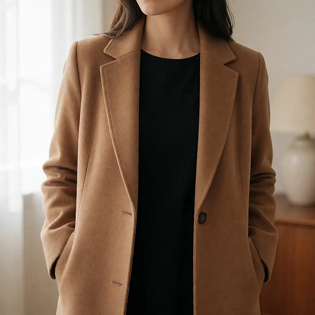 A finely studded black leather belt worn over a camel coat