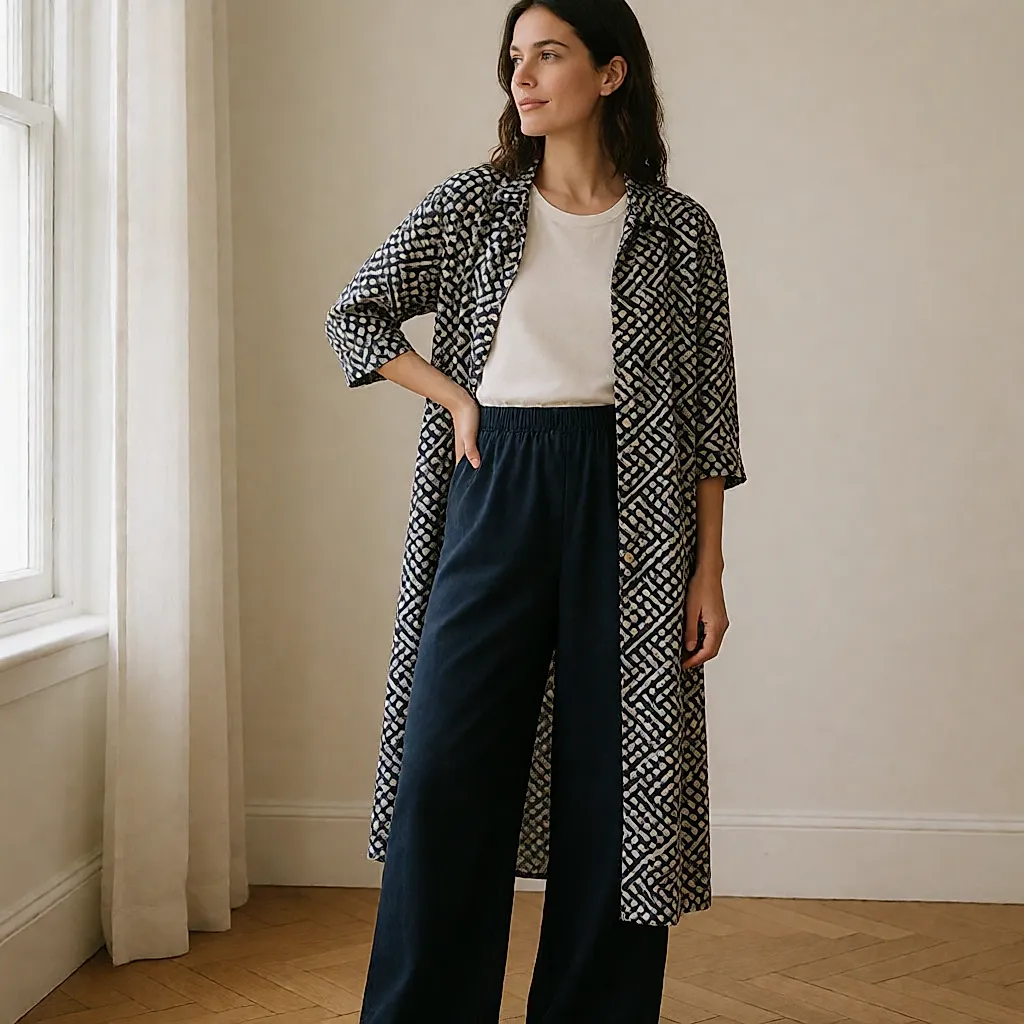 A black studded leather biker jacket worn open over a knit and wide-leg trousers