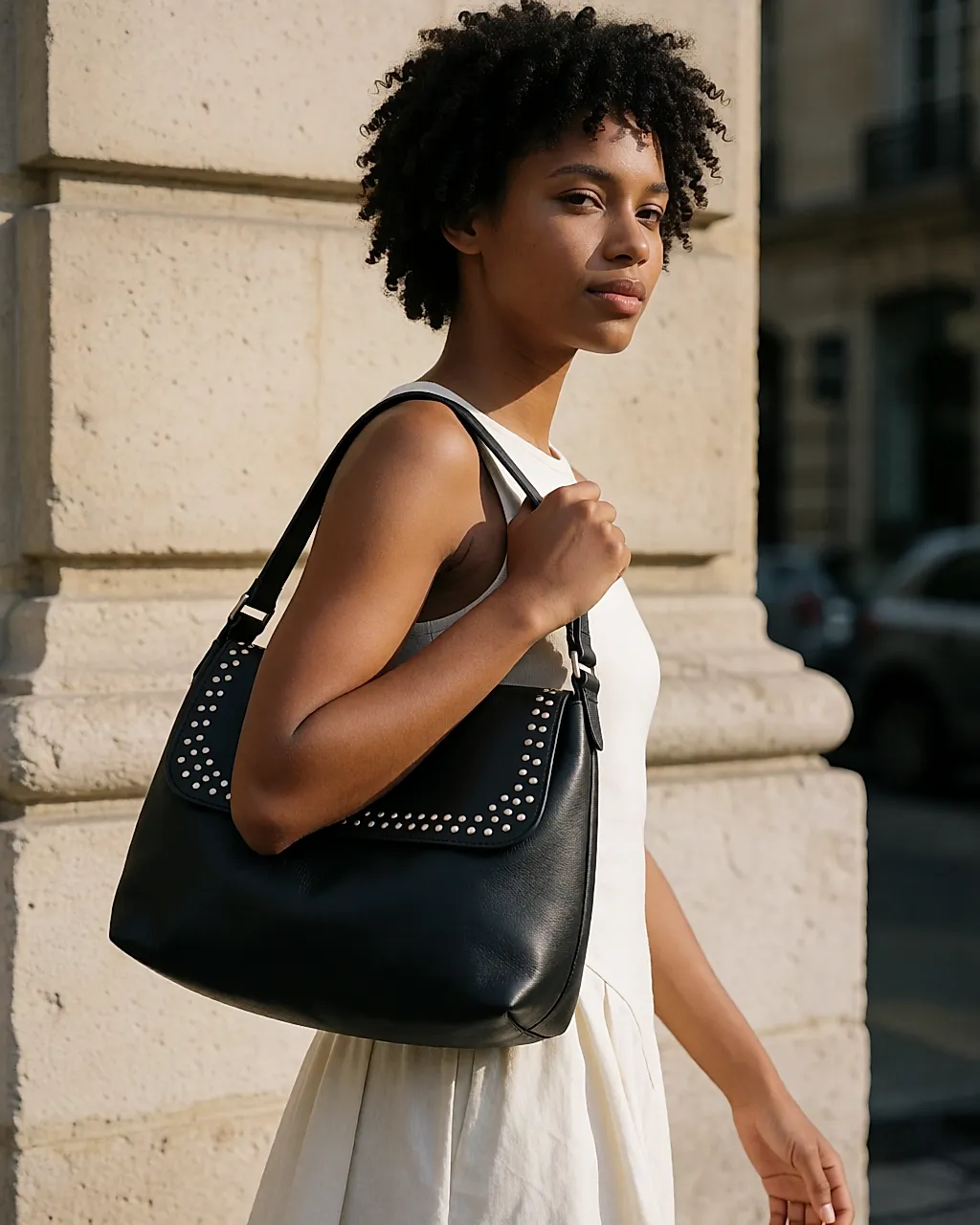 A lightly studded black leather tote bag carried by hand