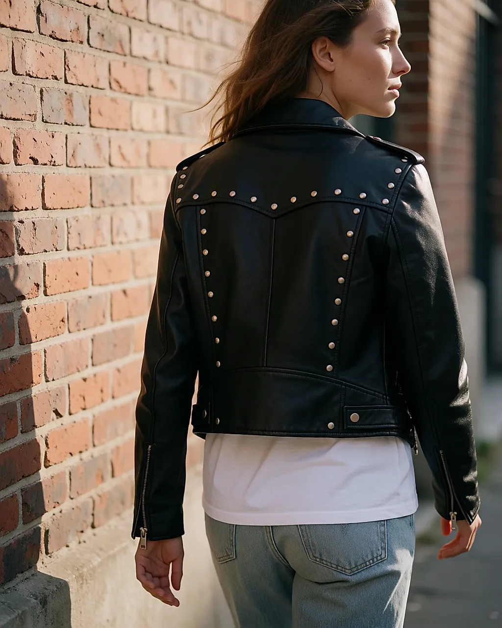 A black leather jacket studded at the back, worn with a T-shirt and jeans