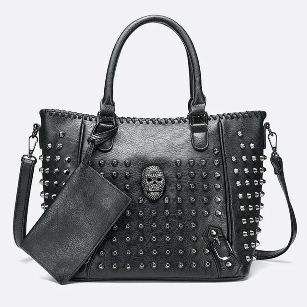 Product-style image inspired by a black leather tote with studs