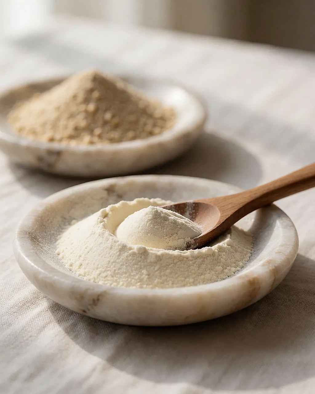 Nahaufnahme zweier Proteinpulver-Texturen: die eine fein, die andere körnig