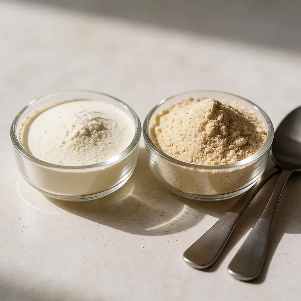 Duas proteínas em pó em grande plano: whey muito fina e mistura de ervilha e arroz granulosa