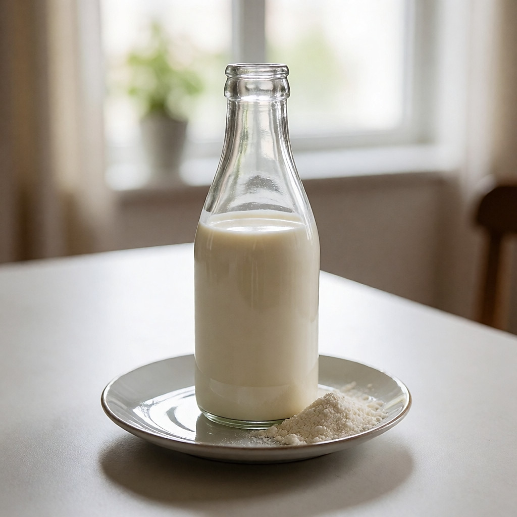 Glasflasche mit Protein-Drink und abgewogene Pulverportion auf einer Untertasse