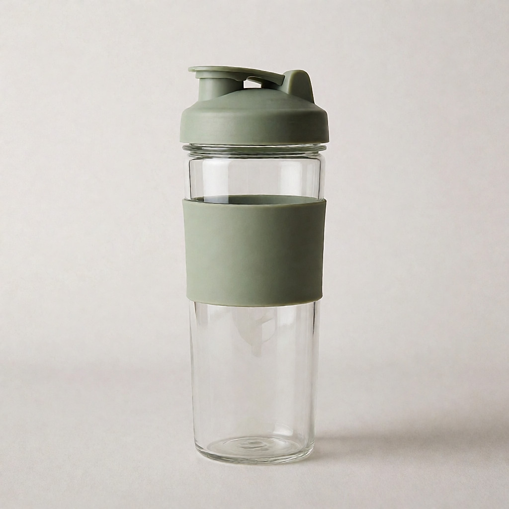 Produktfoto inspiriert von einem Protein-Shaker aus Glas, 700 ml (Borosilikatglas, Silikonhülle, Mischfeder)