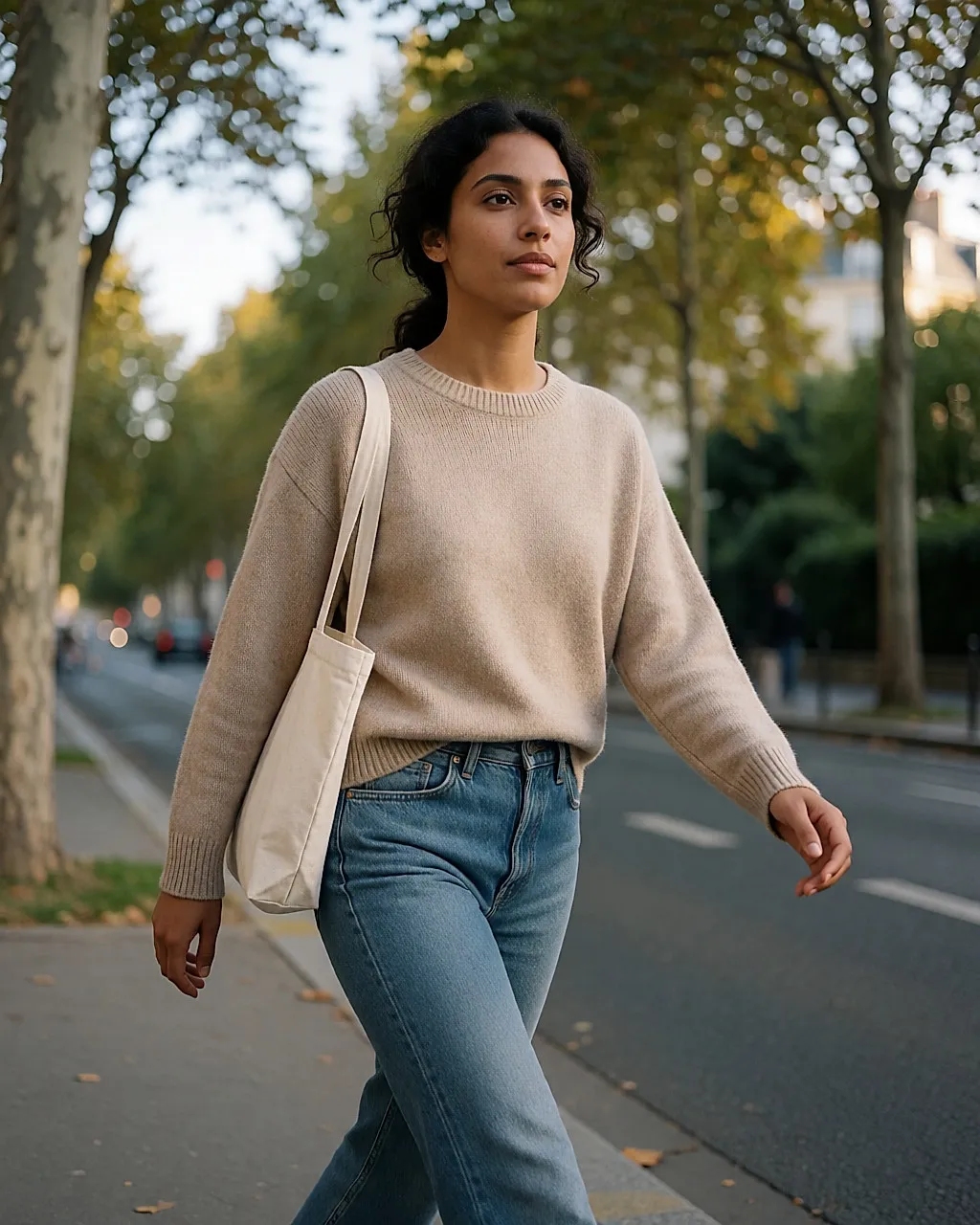 Uma jovem mulher caminha com passo vivo numa rua ladeada de árvores, ao fim do dia