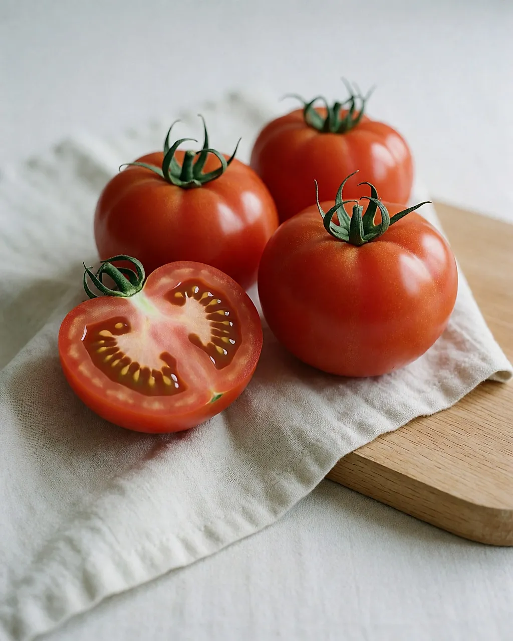 Três tomates frescos sobre um pano claro, um deles cortado ao meio