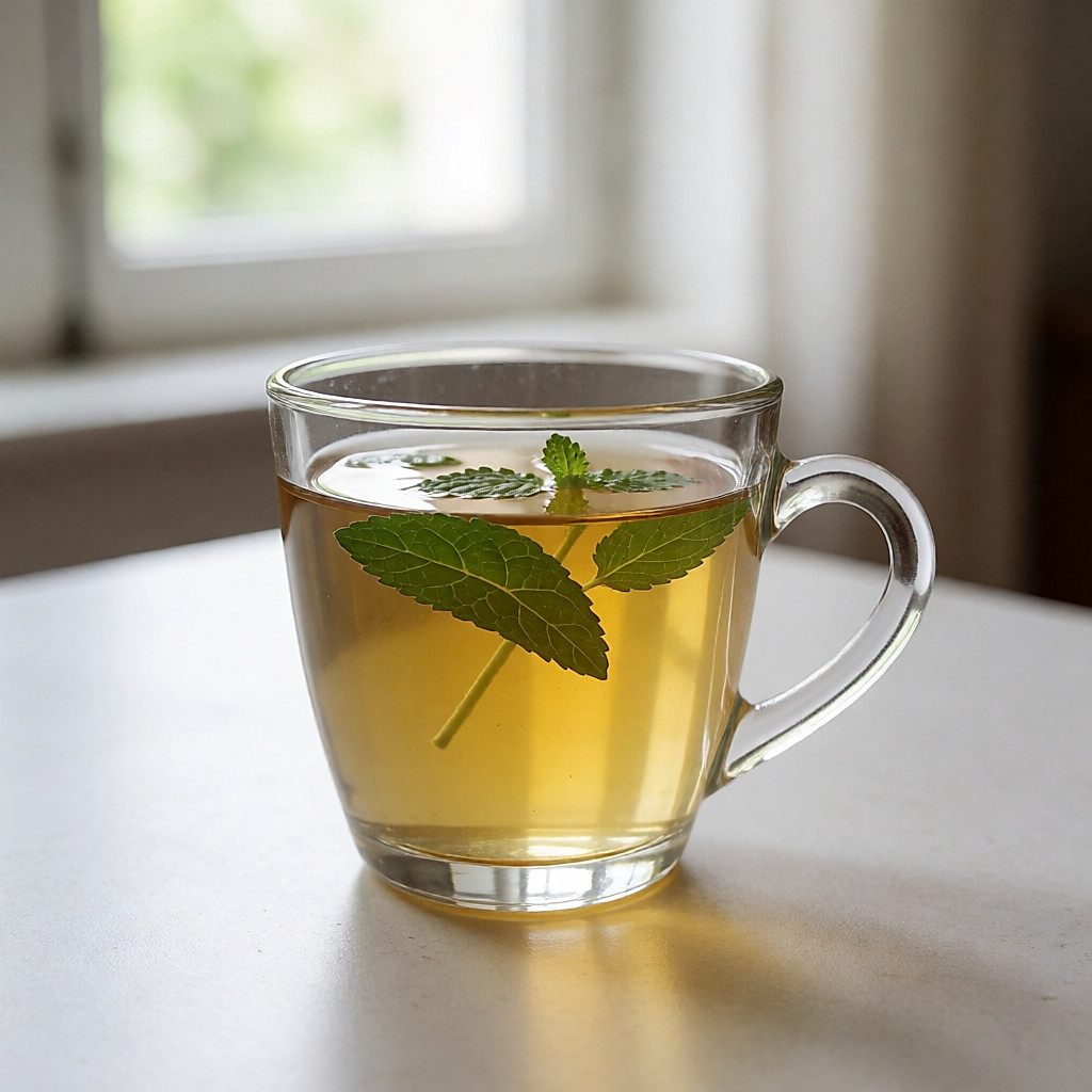 Uma infusão dourada com hortelã fresca numa chávena de vidro transparente