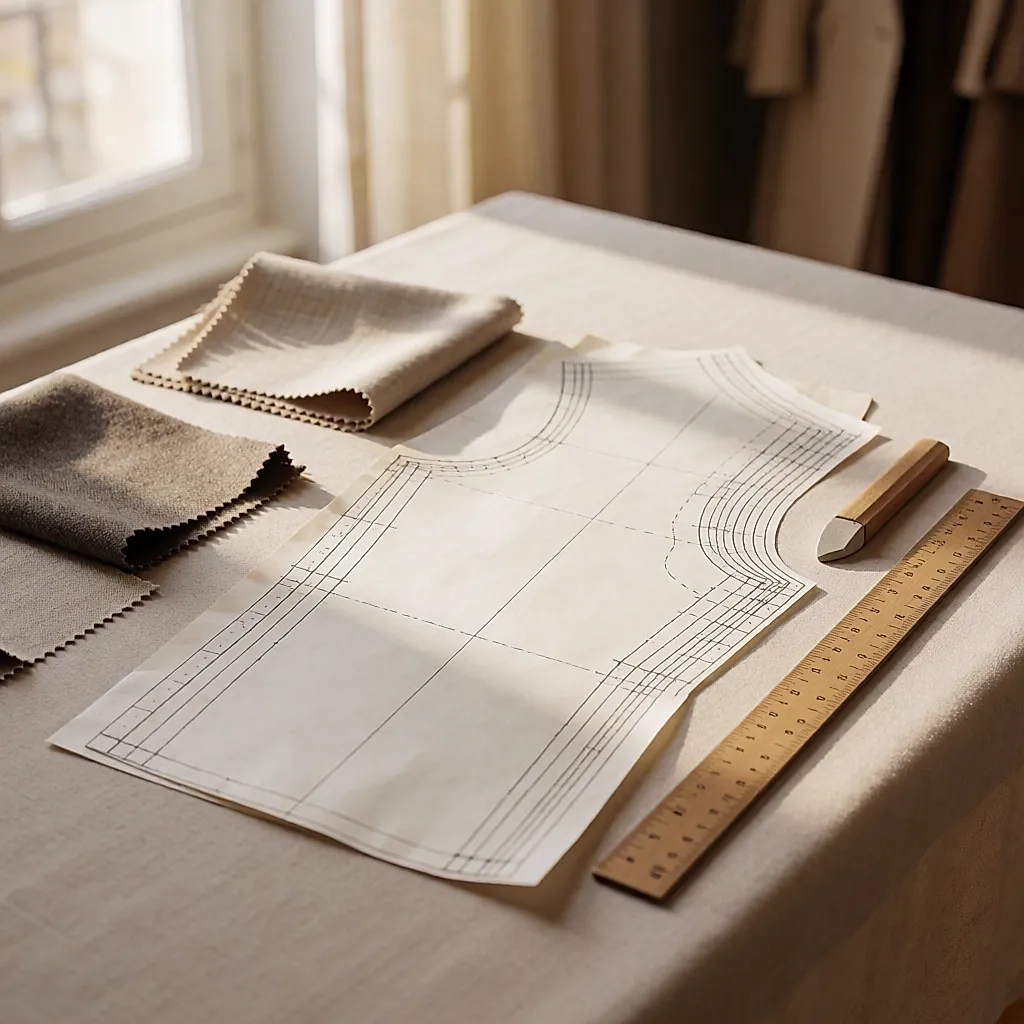 Patron de couture gradué, règle et échantillons de laine et de lin sur une table d’atelier