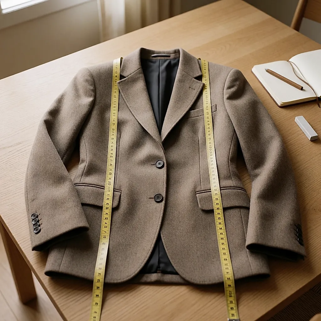 Veste en laine boutonnée à plat, mètre ruban tendu d’une couture d’épaule à l’autre