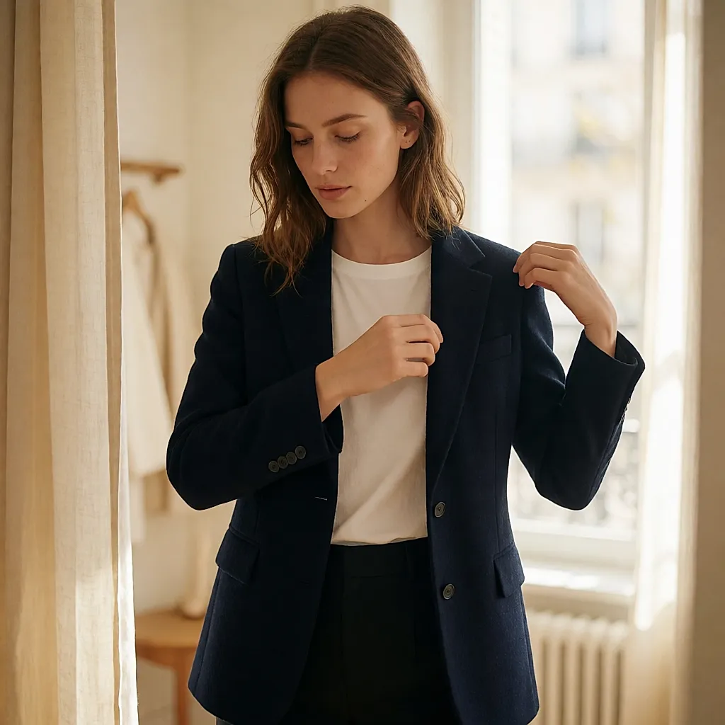 Jeune femme en blazer ajustant la couture d’épaule dans une cabine d’essayage