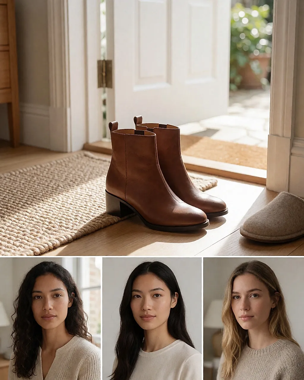 Pair of low-heeled brown leather ankle boots on a pale oak floor near a door
