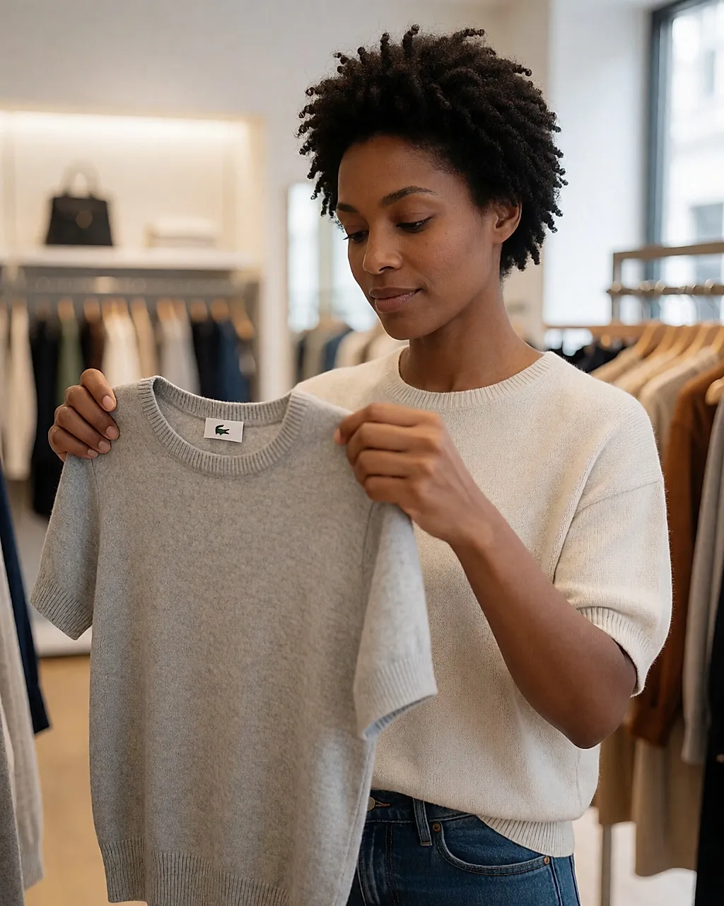 Woman in a shop turning a grey knit jumper inside out to check the armhole seams