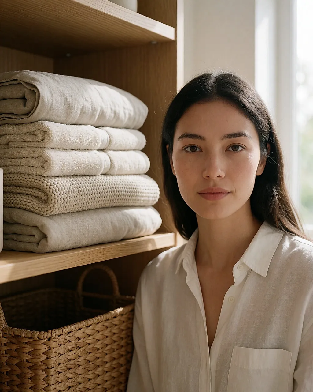 Homeware folded and stacked on pale oak shelves: duvet cover, towels and a throw
