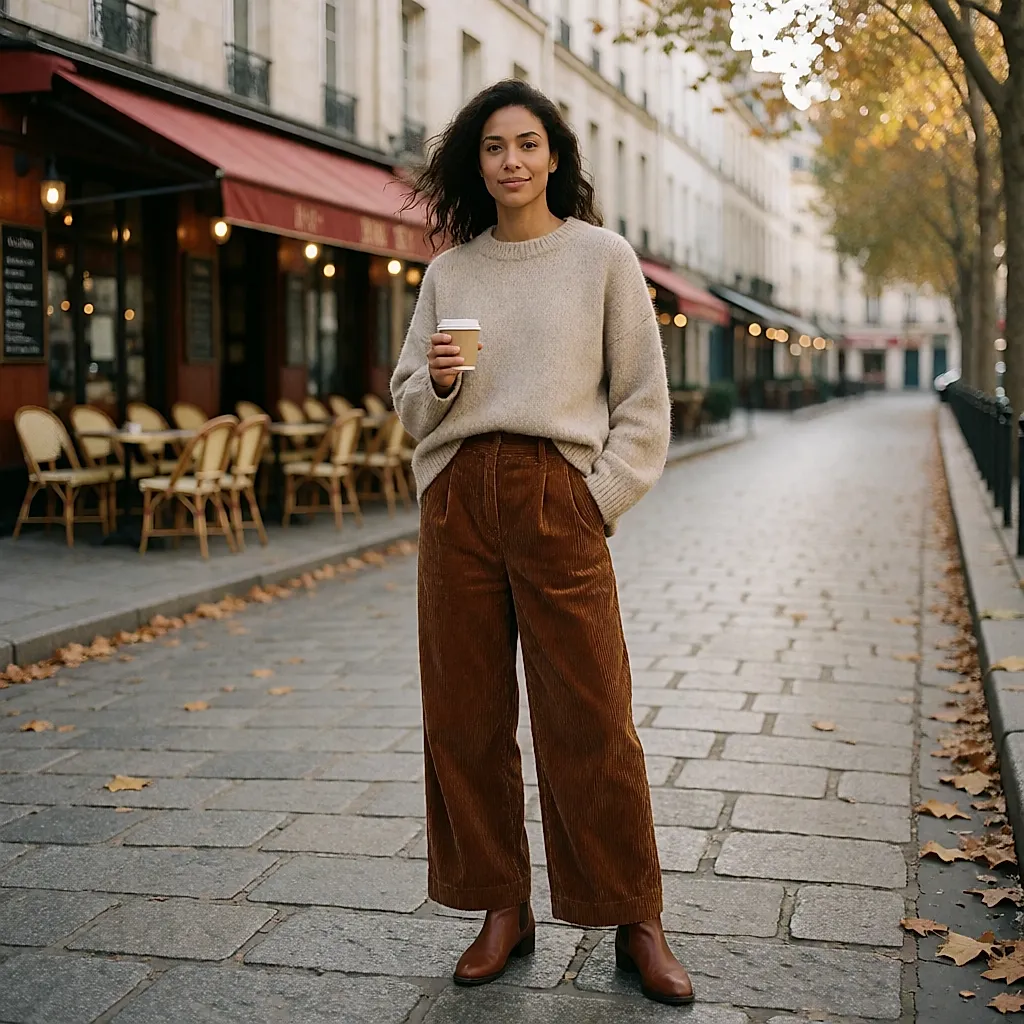 Une femme en pantalon large à grosse côte, maille oversize et bottes sur un trottoir d'automne